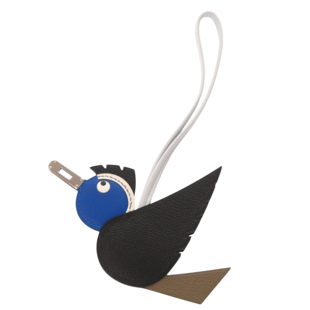 Hermes Birdy bag charm in black Veau Epsom leather, Bleu Hydra, Brume, silver...
